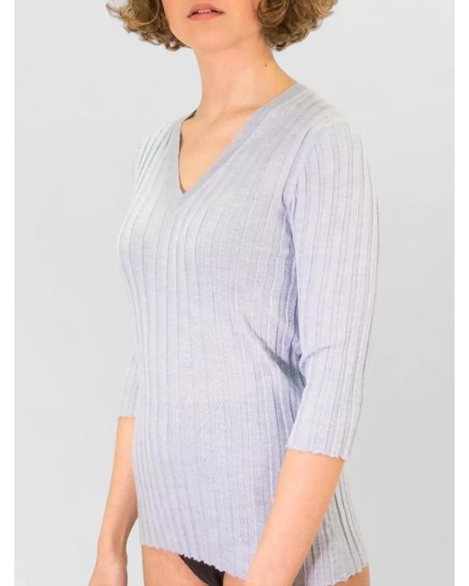 LA ROSE Gray V Neck Cashmere Silk Knit Top