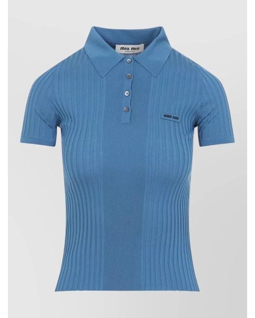 Miu Miu Blue Wool Ribbed Slim-Fit Polo Top