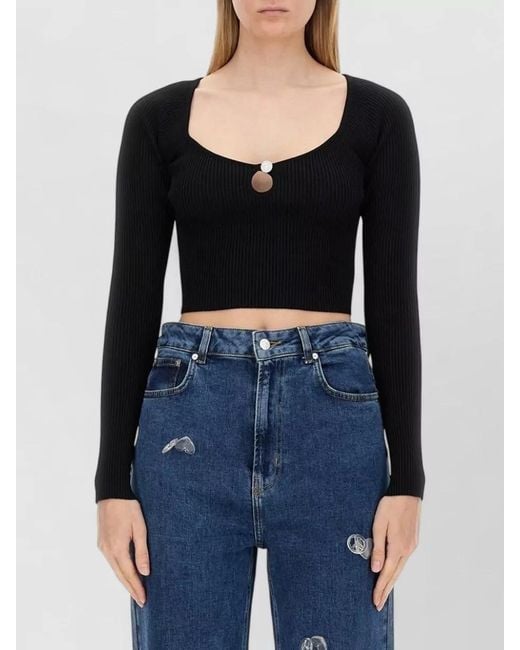 Moschino Black Rib Knit Crop Top Long Sleeves