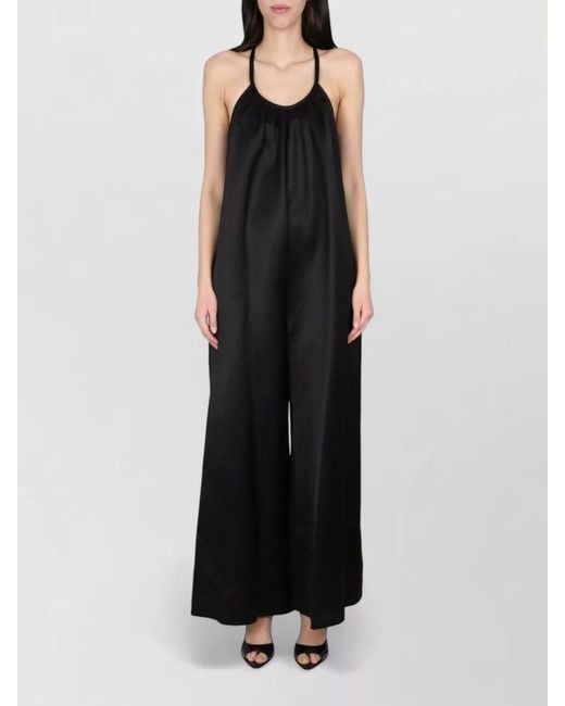 Alysi Black Satin Jumpsuit Floor Length Halter Neckline