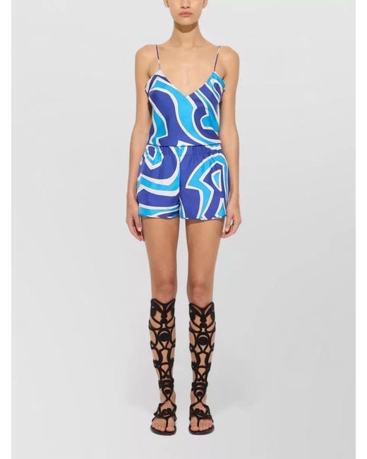 Emilio Pucci Blue Labyrinth Silk Shorts Side Slits Pockets