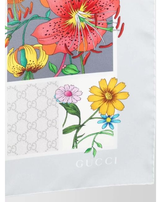 Gucci Gray Silk Floral Print Square Scarf