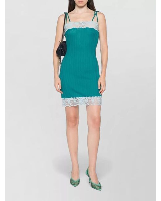 Chloé Blue Wool Knit Dress Lace Trim Straps
