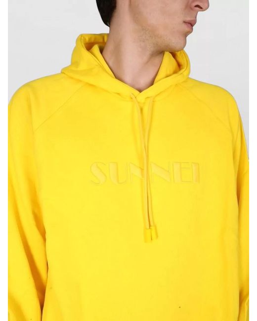 Sunnei Yellow Hooded Cotton Sweatshirt Ribbed Cuffs Hem