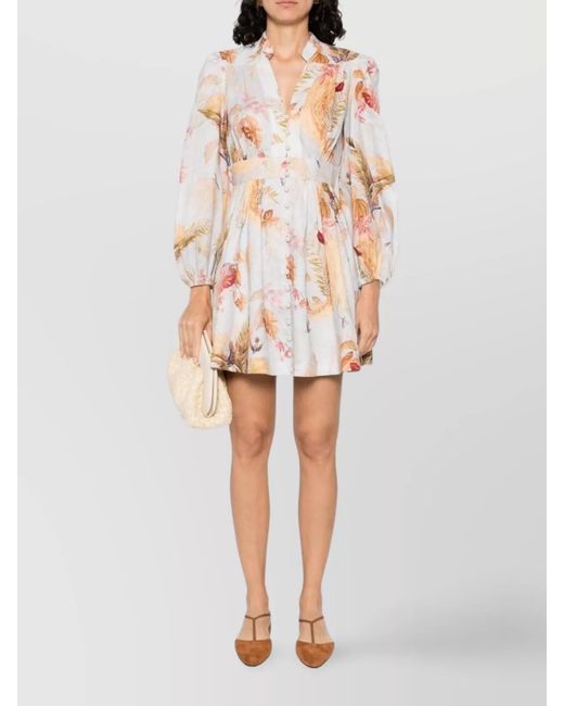 Zimmermann White Linen Floral-Print V-Neck Long-Sleeve Mini Dress