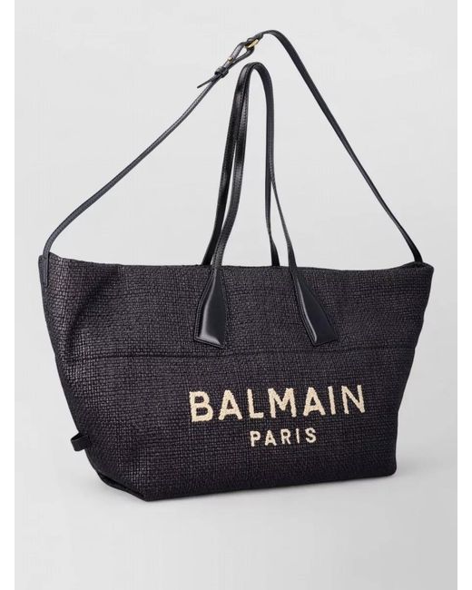 Balmain Black Raffia Medium Tote Structured Leather Handles
