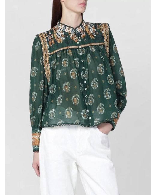 Farm Rio Green Floral Top Long Sleeves Pleated Back Scalloped Hem