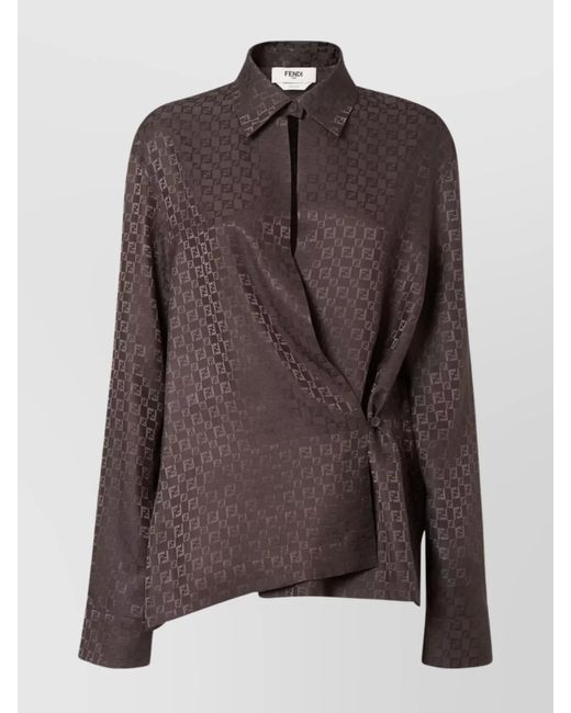 Fendi Brown Silk Jacquard Wrap Long-Sleeve Shirt