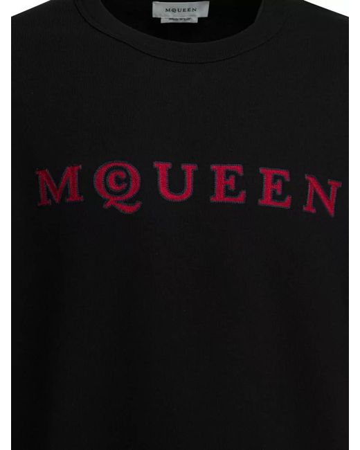 McQueen Black Relaxed Sweatshirt Embroidered Front Ribbed Hem Cuffs for men