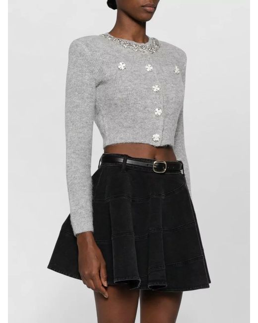 Self-Portrait White Cropped Knit Cardigan Crystal Neckline Buttons