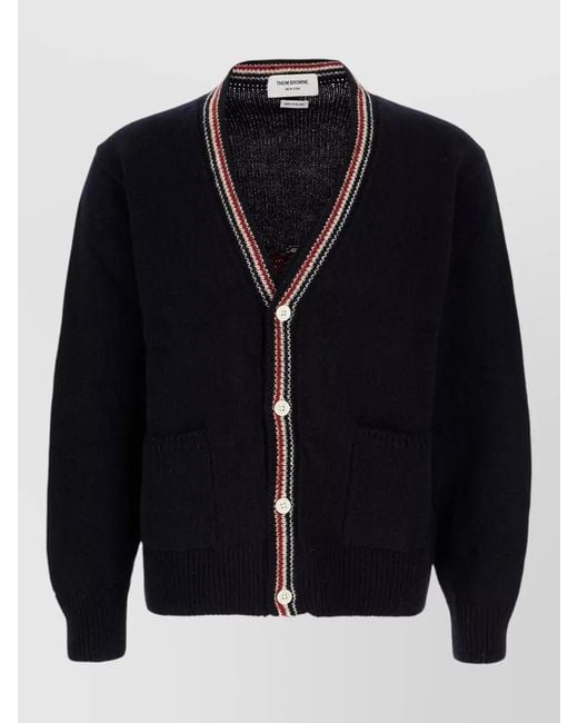 Thom Browne Blue Wool Blend Cardigan Dog Motif V Neck for men