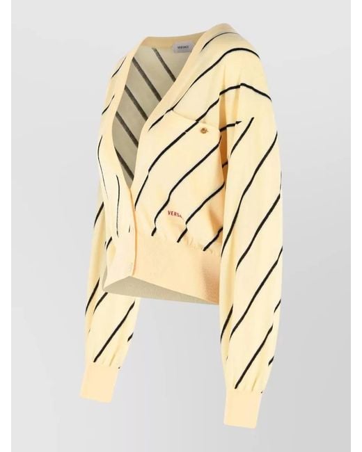 Versace Metallic Wool Cardigan Cropped Striped Front Pockets