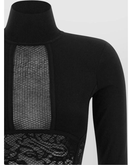 Elisabetta Franchi Black Knit Bodycon Dress Lace High Neck