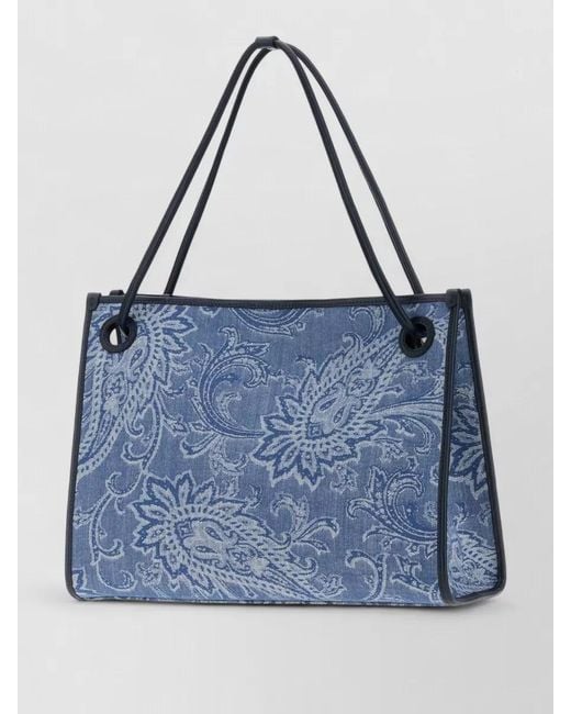 Etro Blue Denim Medium Tote Eyes Paisley Pattern
