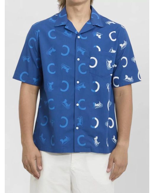 Céline Blue Cotton Printed Short-Sleeve Bowling Shirt for men