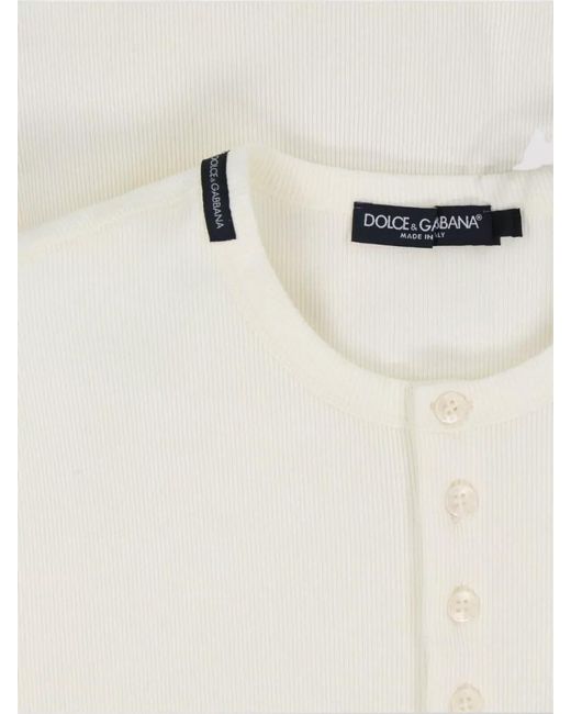 Dolce & Gabbana White Cotton Ribbed Short-Sleeve Henley T-Shirt for men