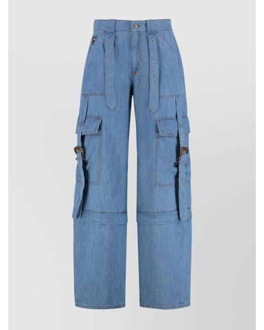 Versace Jeans Couture Blue Cotton Cargo Wide-Leg Trousers