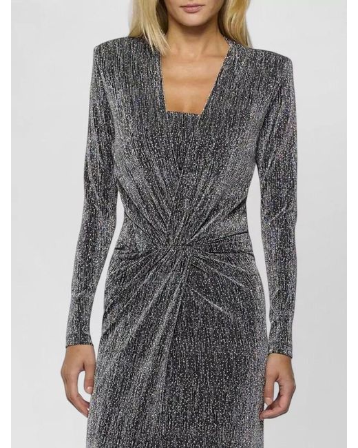 SIMONA CORSELLINI Gray Dress Front Slit Long Sleeves Metallic Ruched Square Neckline