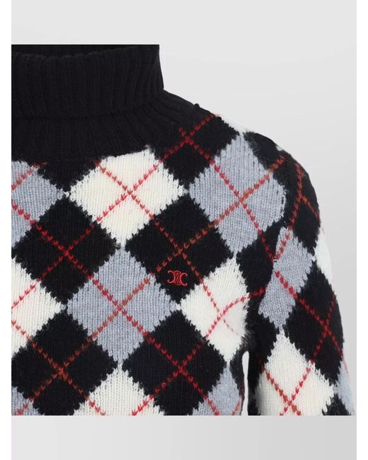 Céline Black Turtleneck Sweater Argyle Pattern Long Sleeves