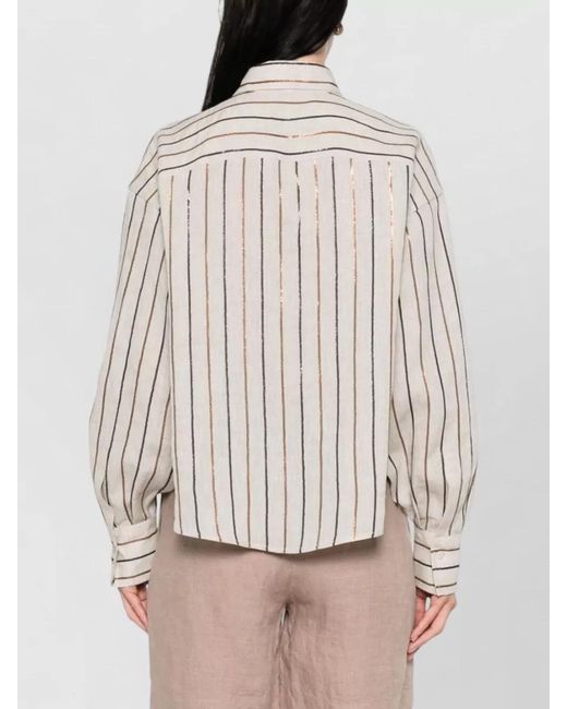 Brunello Cucinelli Natural Linen Shirt Long Sleeves Striped Pointed Collar