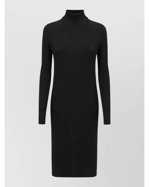 Bottega Veneta Black Ribbed Knit Mock Neck Long-Sleeve Midi Dress