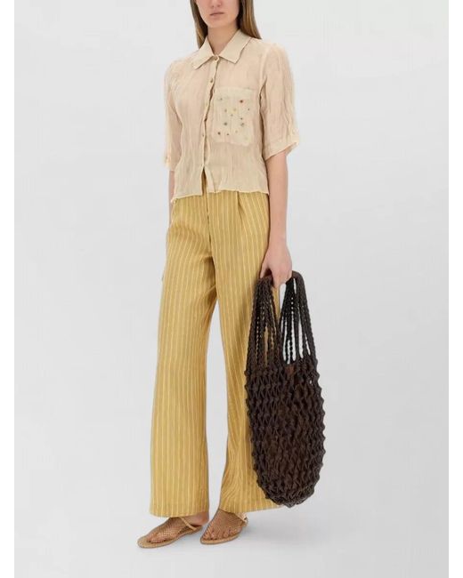 Alysi Yellow Satin Striped Tailored Pants High Waist Wide