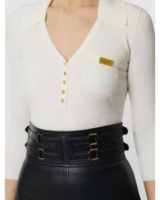 Elisabetta Franchi White Knit Sweater Ribbed Texture Chest Pocket