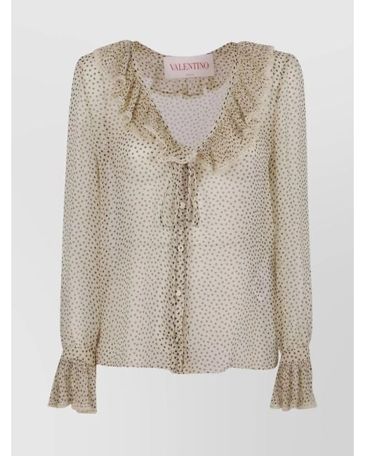Valentino Garavani Natural Silk Printed Ruffled Long-Sleeve Blouse