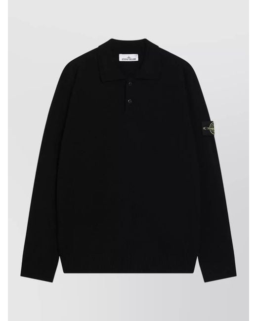 Stone Island Black Long Sleeve Polo Shirt Ribbed Cuffs Hem for men