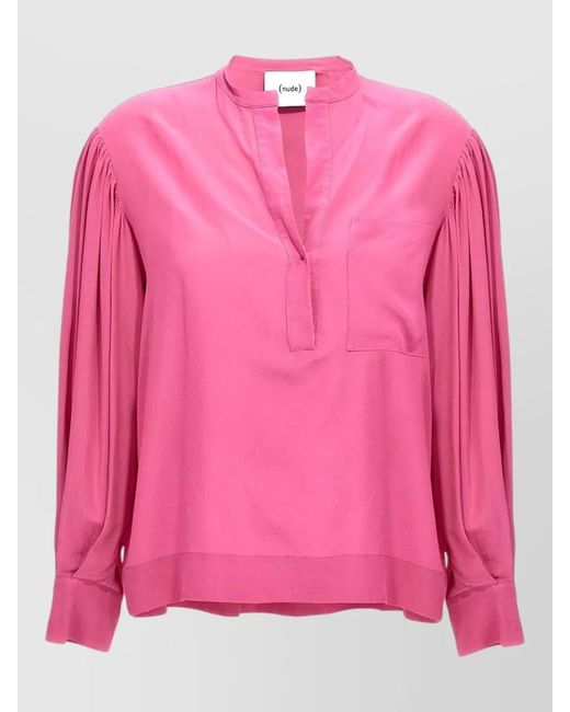 Nude Pink Silk Blouse Long Sleeves V Neck