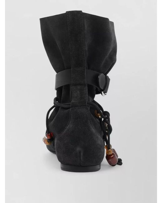 Isabel Marant Black Ankle Boots Suede Upper Drawstring Pearls
