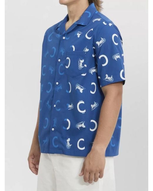 Céline Blue Cotton Printed Short-Sleeve Bowling Shirt for men