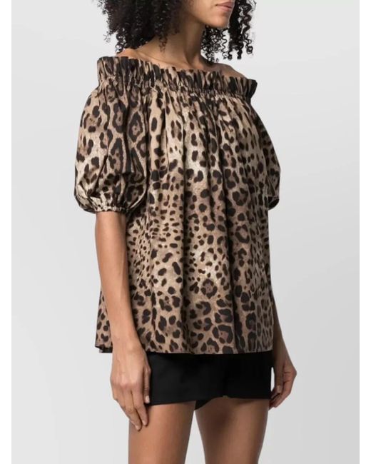Dolce & Gabbana Brown Leopard-Print Cotton Short-Sleeve Blouse