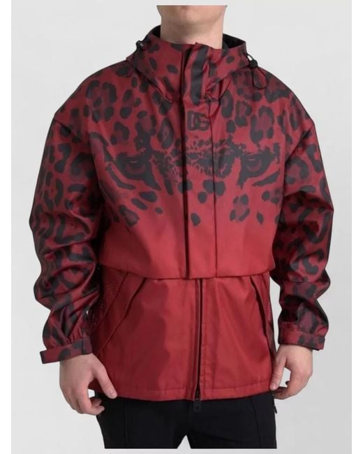 Dolce & Gabbana Red Leopard Hooded Rain Coat Jacket for men