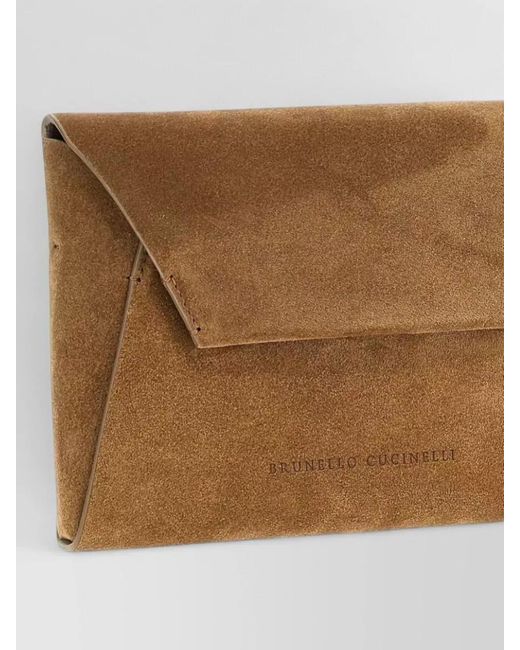 Brunello Cucinelli Brown Suede Clutch Bag Jewel Detail Chain