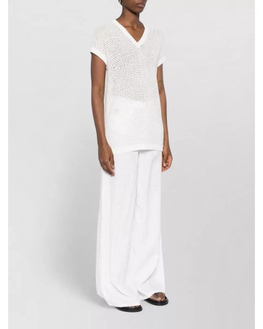 Fabiana Filippi White V Neck Sequin Knit Short Sleeve Top