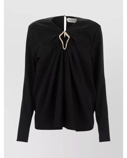 Lanvin Black V-Neck Draped Blouse With Jewel Buttoned Cuffs
