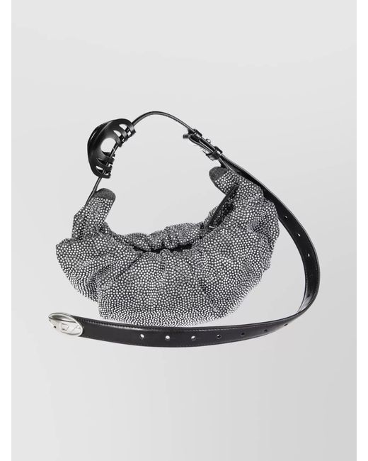 DIESEL Gray Grab-D Small Denim Crystal-Embellished Hobo Shoulder Bag