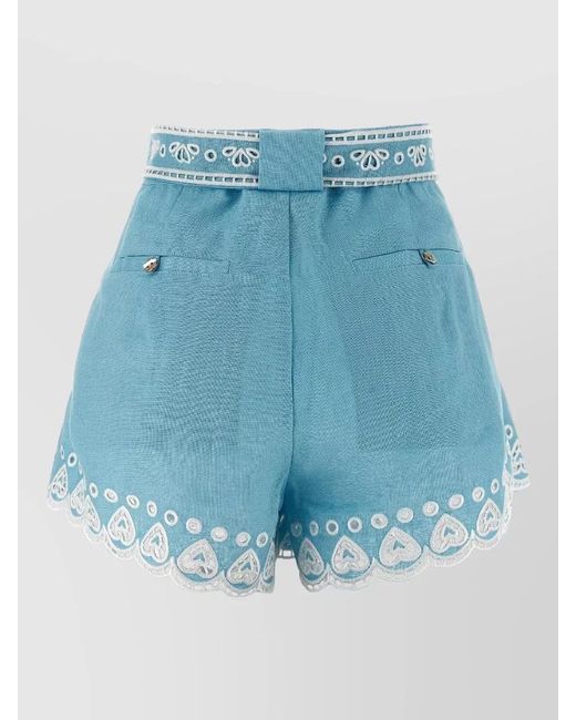 Farm Rio Blue Richelieu Shorts Belted Waist Embroidered Pleated