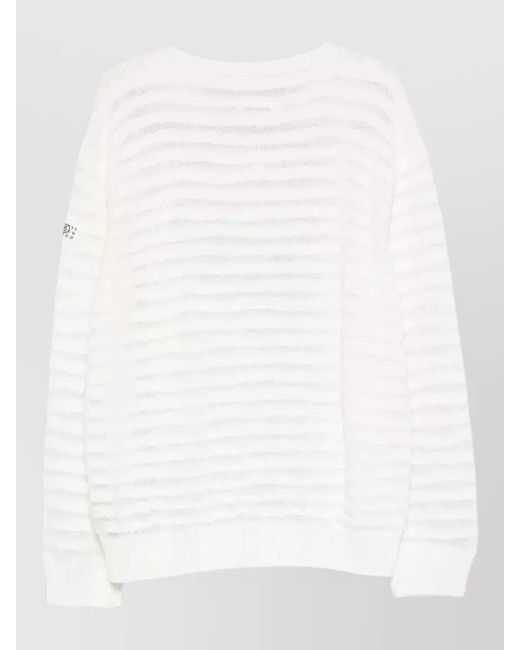 MM6 by Maison Margiela White Striped Cotton Knitted Logo Appliqué Crewneck Sweater for men