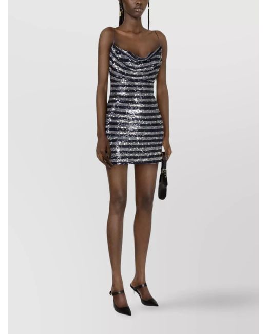 Balmain Black Glitter Striped Cowl Neck Mini Dress