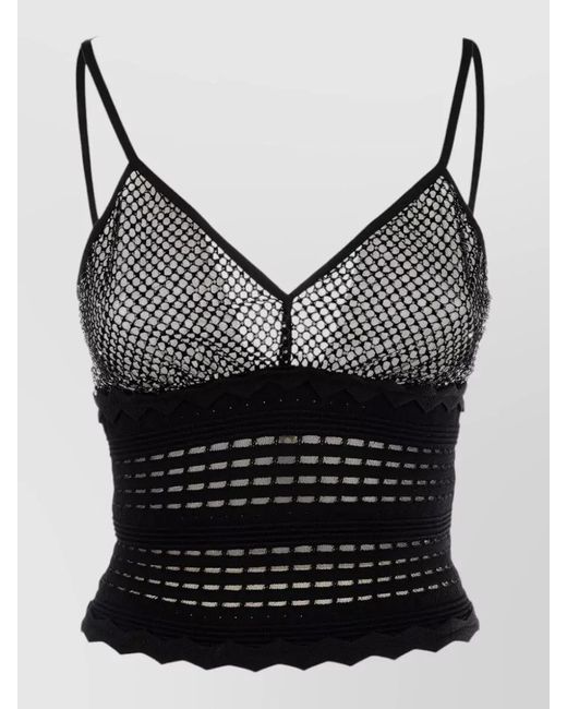 Genny Black Cropped Mesh Top Scalloped Hem Spaghetti Straps