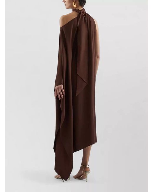 Taller Marmo Brown Atlas Asymmetric Off-Shoulder Gathered Midi Dress