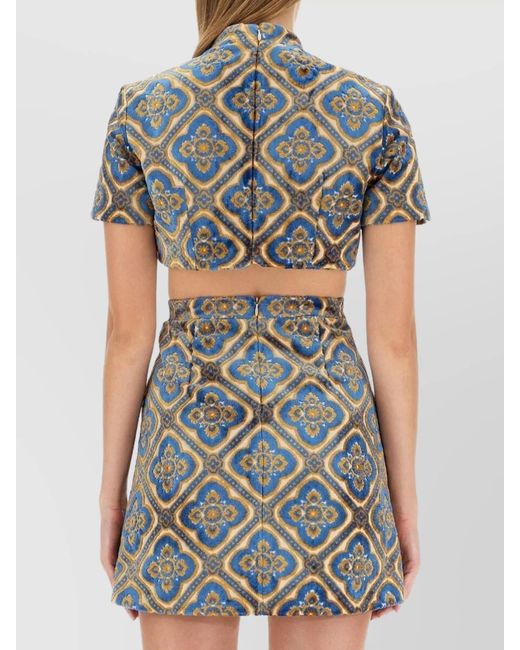 Etro Gray Velvet Abstract-Print Mock-Neck Cropped Top
