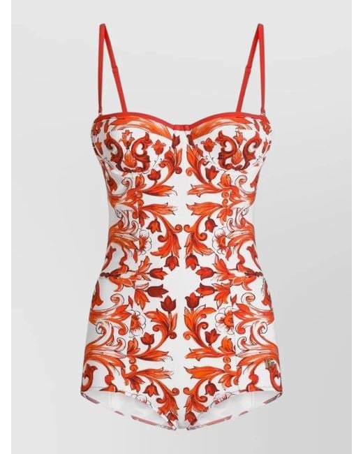 Dolce & Gabbana Red Maiolica Print Balconette One Piece Swimsuit