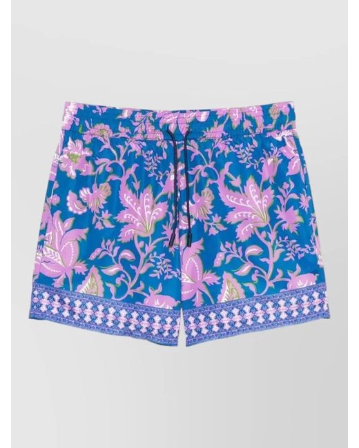 Etro Blue Swim Shorts Floral Trim Elastic Waistband Pockets for men