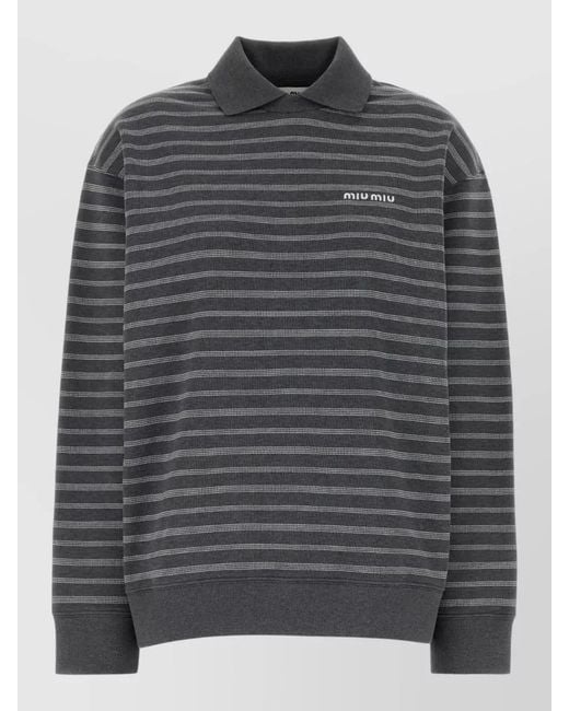 Miu Miu Gray Embroidered Cotton Striped Long Sleeve Polo Shirt