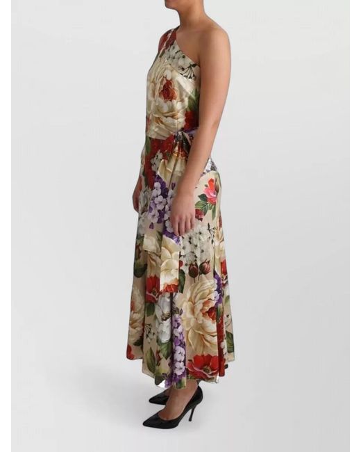 Dolce & Gabbana White Silk One-Shoulder Floral-Print Maxi Dress