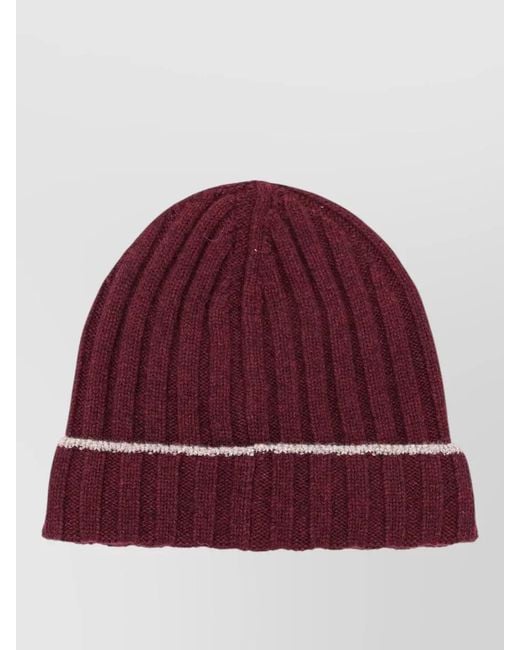 Brunello Cucinelli Red Cashmere Beanie Contrast Stripe Cuffed Ribbed for men
