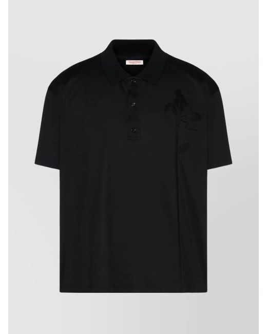 Valentino Garavani Black Cotton Floral Appliqué Short-Sleeve Polo Shirt for men